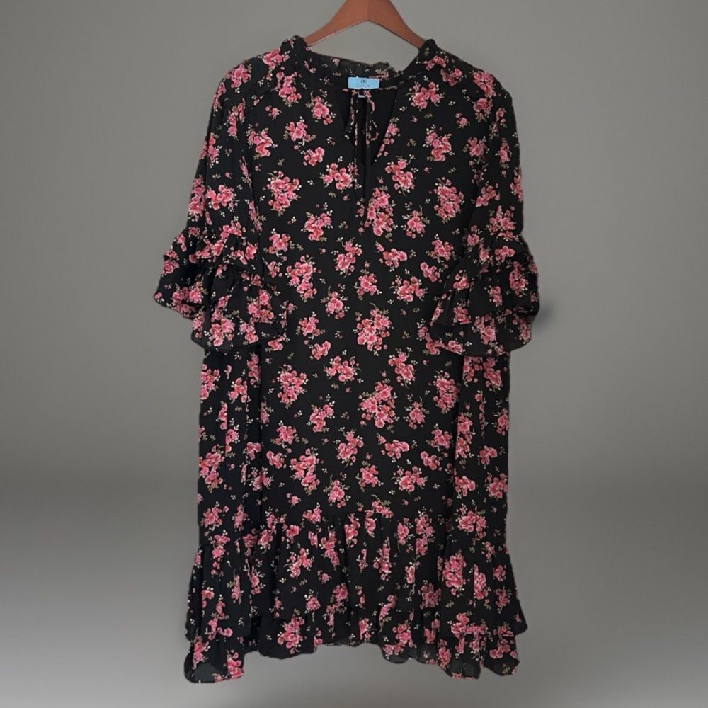 CeCe Tiered Dress 2X Floral  Ruffles Black Pink Knee Length Cottagecore Boho